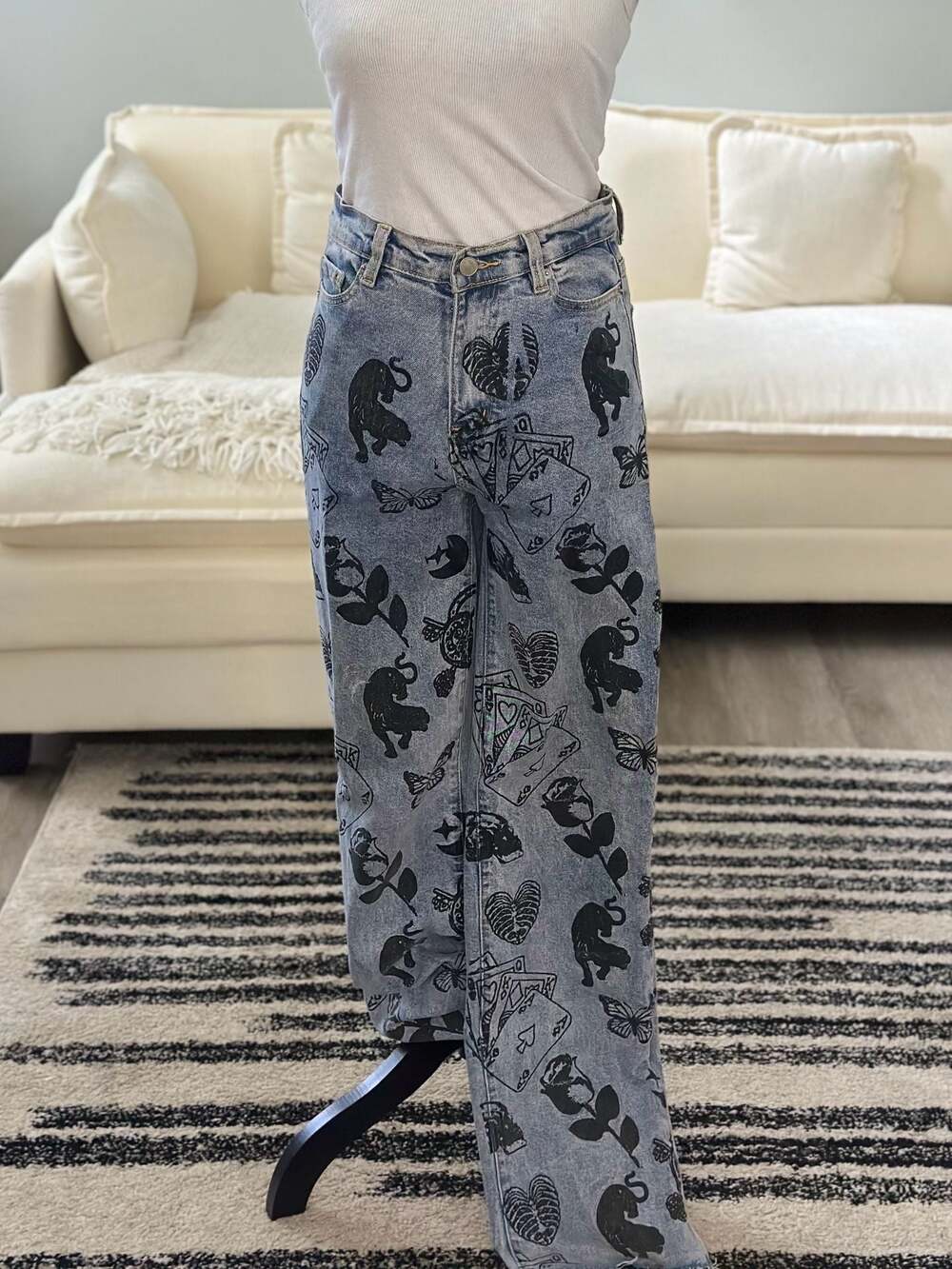 AKIRA Painted Tattoo Print Straight Leg Denim Jeans